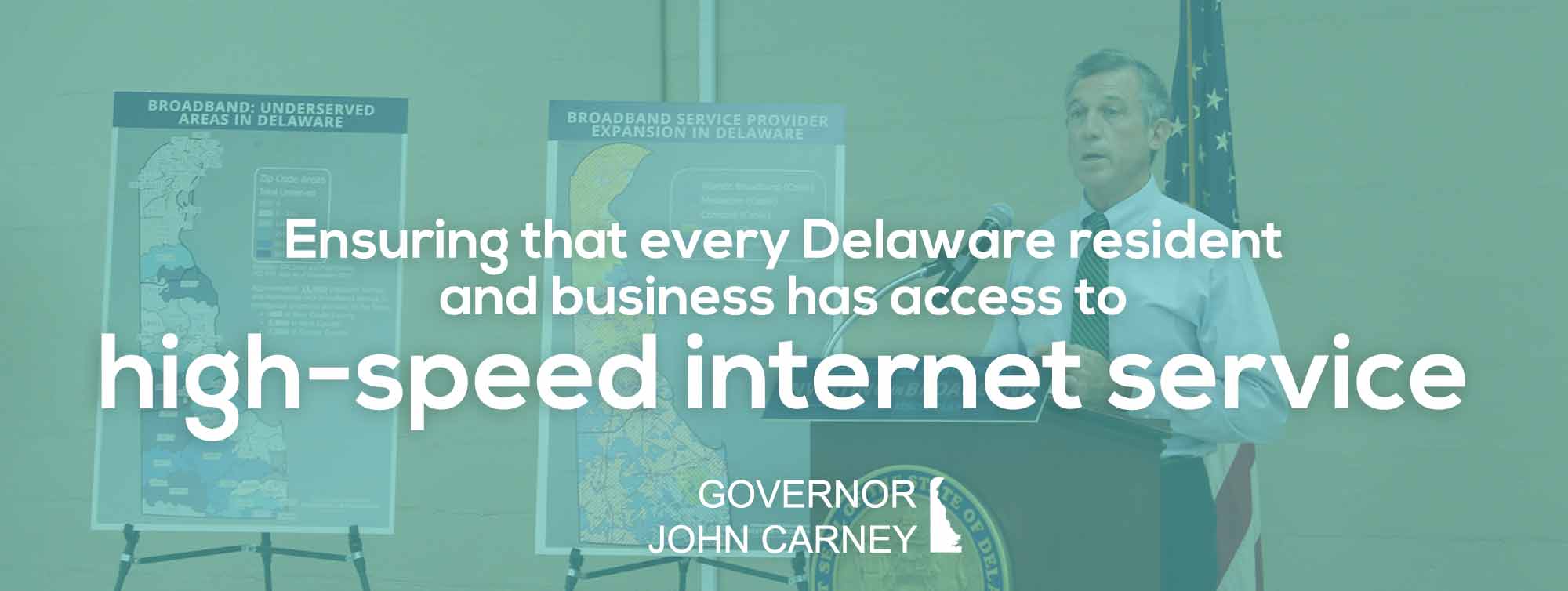 Delaware's Governor Carney talking to a group of people about ensuring that every Delaware resident and business has access to high-speed internet service.
