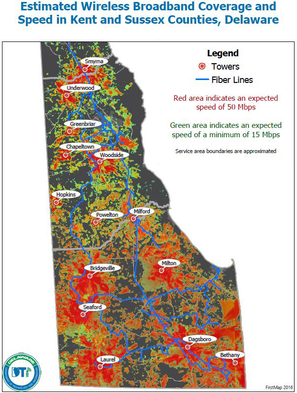 Estimaged Wireless Broadband Coverage and Speed in Kent and Sussex Counties, Delaware
